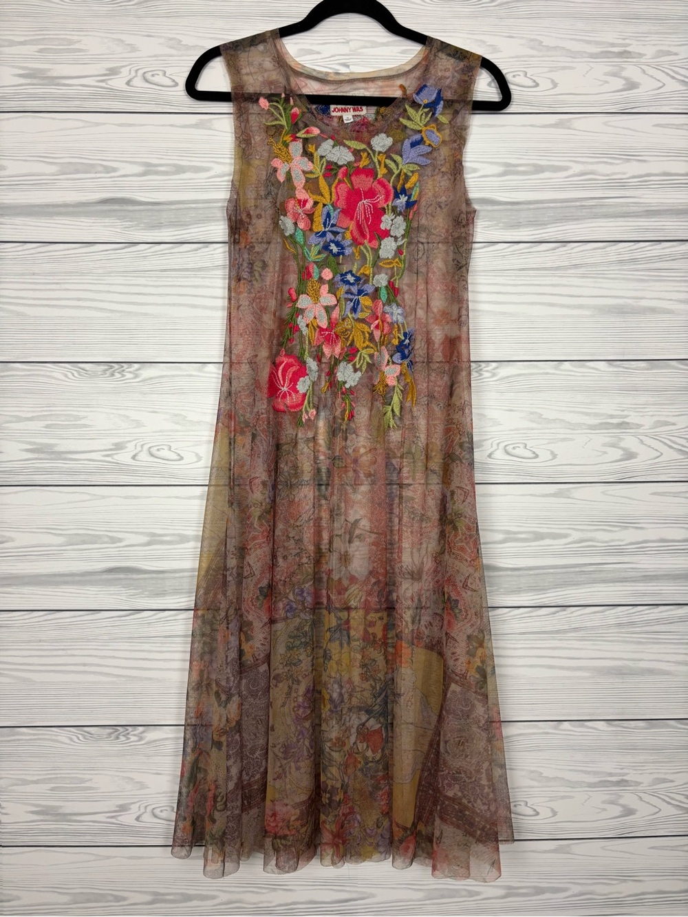 Johnny Was Sheer Floral Embroidered Maxi Dress in Pink, Blue, Green